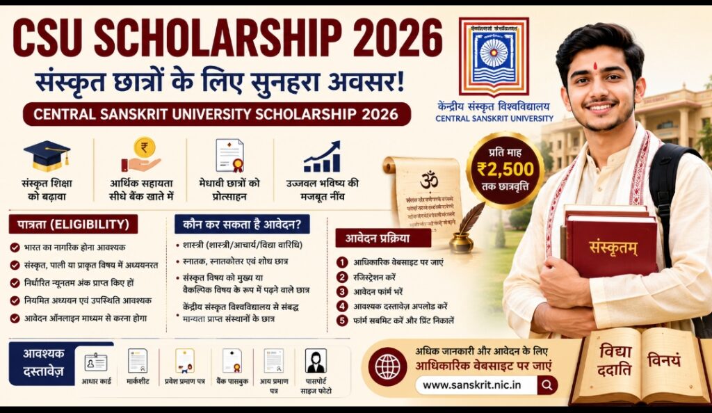CSU Scholarship 2026-27: संस्कृत छात्रों को हर साल मिलेगी छात्रवृत्ति, जानें पात्रता, राशि, आवेदन प्रक्रिया और पूरी जानकारी